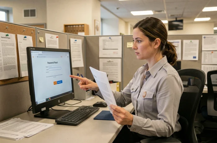 Employée administrative consultant un formulaire de réinitialisation de mot de passe sur un ordinateur de bureau