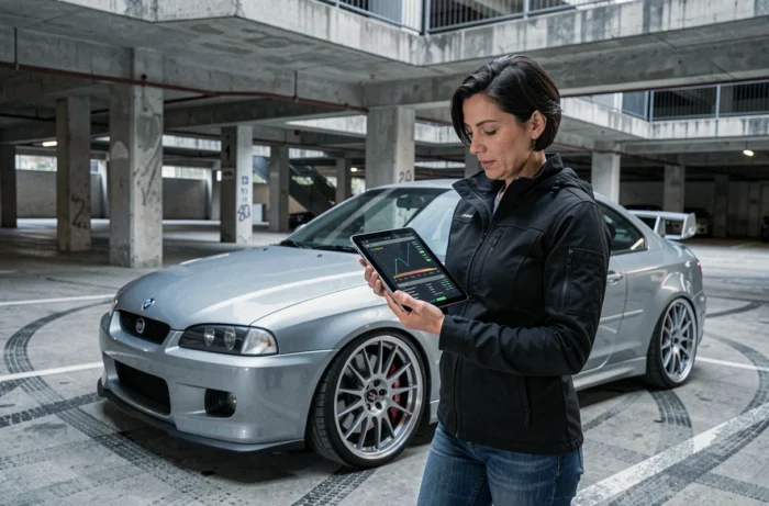 Femme spécialiste en reprogrammation ECU analysant les données de performance d'un véhicule dans un parking urbain