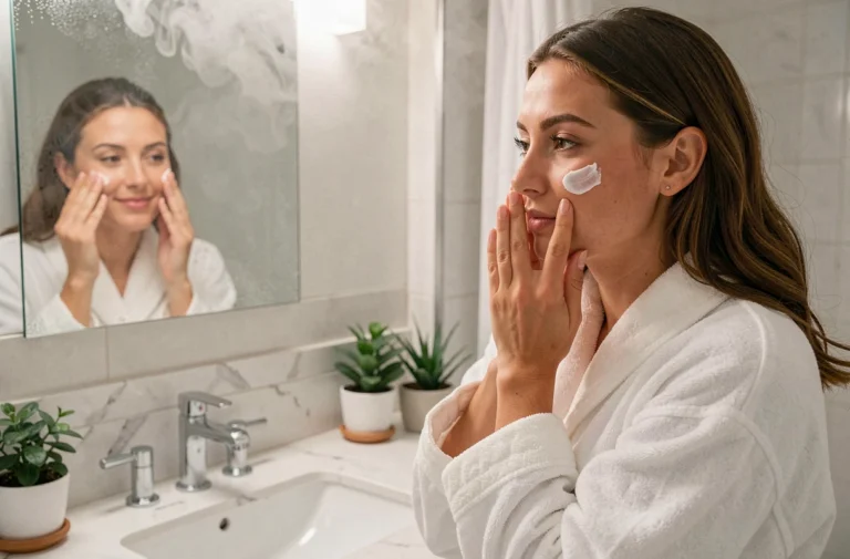 Femme appliquant une crème hydratante devant un miroir de salle de bain dans le cadre d'une routine beauté quotidienne