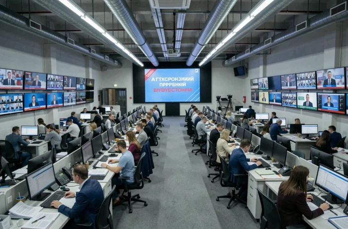 Salle de rédaction d'un grand groupe médiatique russe avec journalistes et écrans de diffusion, symbolisant l'empire médiatique d'un oligarque russe