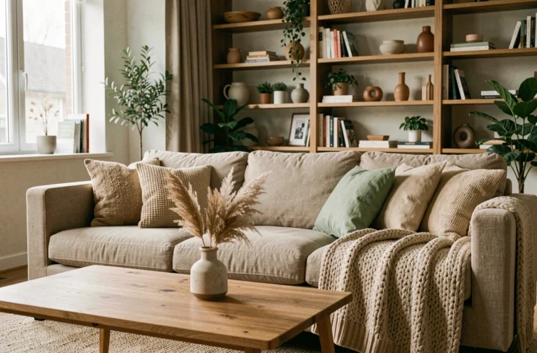 Salon moderne et cosy décoré avec un canapé en lin beige, des coussins texturés et une table basse en bois pour un intérieur tendance et chaleureux