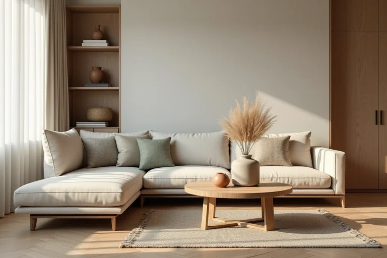 Salon moderne de style scandinave avec canapé en lin, table basse en chêne brut et décoration naturelle en herbe de pampa