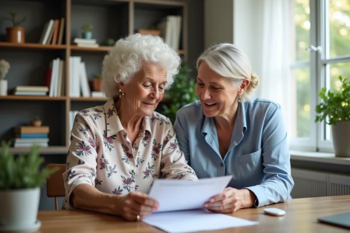 Une senior et une accompagnatrice examinant ensemble un dispositif de santé connecté à domicile, illustrant les solutions innovantes pour le bien-être et le suivi des personnes âgées