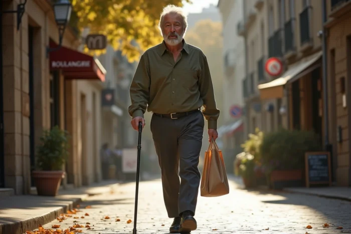 Un homme senior marchant de façon autonome en ville avec une canne ergonomique moderne, illustrant la mobilité et l'indépendance des seniors au quotidien
