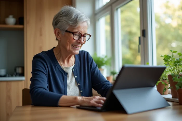 Une femme senior souriante utilisant une tablette tactile grand écran dans une cuisine moderne, symbole de l'autonomie numérique des personnes âgées