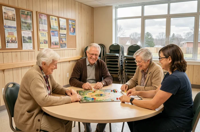Seniors participant à une activité de jeu de société dans un centre communautaire animé par une travailleuse sociale
