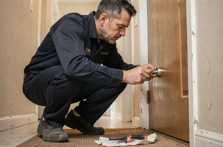 Serrurier professionnel en intervention d'urgence examinant une serrure de porte d'appartement