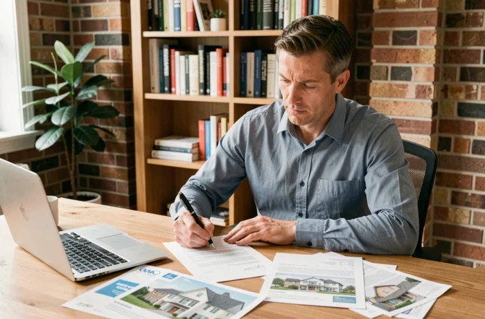 Homme signant un contrat de prêt immobilier à son bureau entouré de documents et brochures