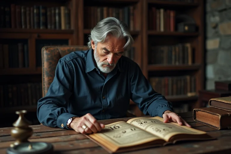 Homme contemplatif étudiant des manuscrits anciens avec le chiffre 17 en calligraphie ornée dans une bibliothèque ésotérique