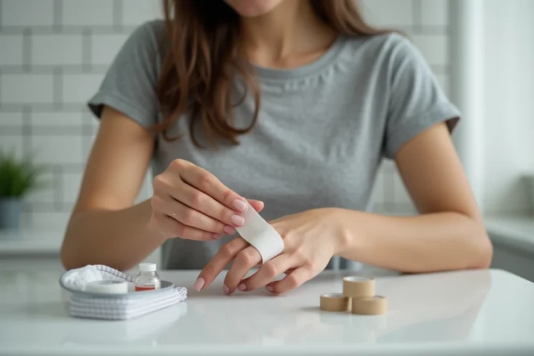 Femme appliquant un bandage stérile sur un doigt blessé dans une salle de bain, premiers soins pour cicatrisation d'ongle arraché