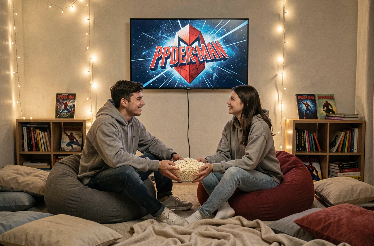 Due amici che guardano i film di Spider-Man in una serata di cinema a casa con popcorn e coperte