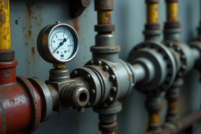 Close-up of a hydraulic relief valve and an analog pressure gauge in a technical room