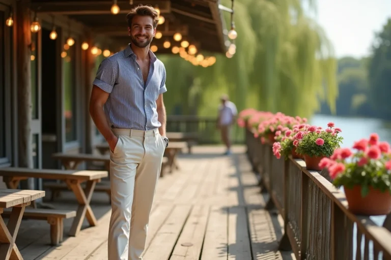 Homme en tenue guinguette style marinière rayée et pantalon lin crème sur terrasse en bois au bord de l'eau