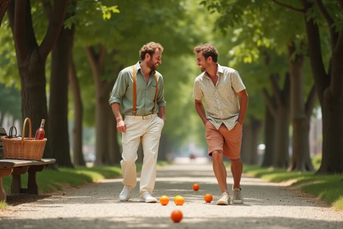 Deux hommes en tenue guinguette jouant à la pétanque sous les platanes dans une allée de gravier ombragée