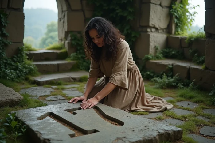 Femme traçant le chiffre 17 gravé sur une pierre ancienne dans une chapelle en ruine entourée de lierre