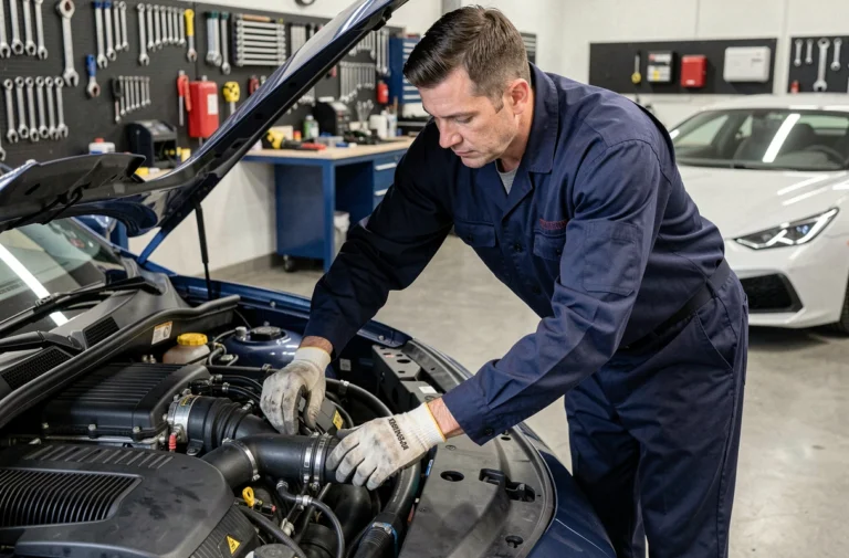 Technicien automobile ajustant une admission d'air froide sur un moteur de voiture de sport dans un garage de performance en 2024