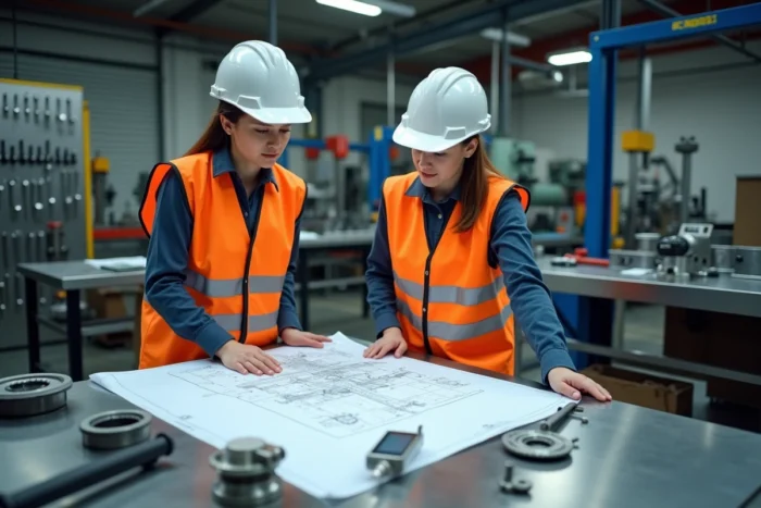 Deux techniciennes analysant des plans techniques dans un atelier de mécanique industrielle
