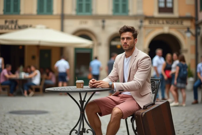 Homme en blazer seersucker et espadrilles attablé dans un square pavé style guinguette French chic