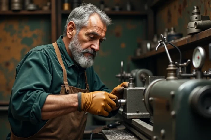 Tourneur expérimenté opérant un tour mécanique de précision dans un atelier d'usinage traditionnel