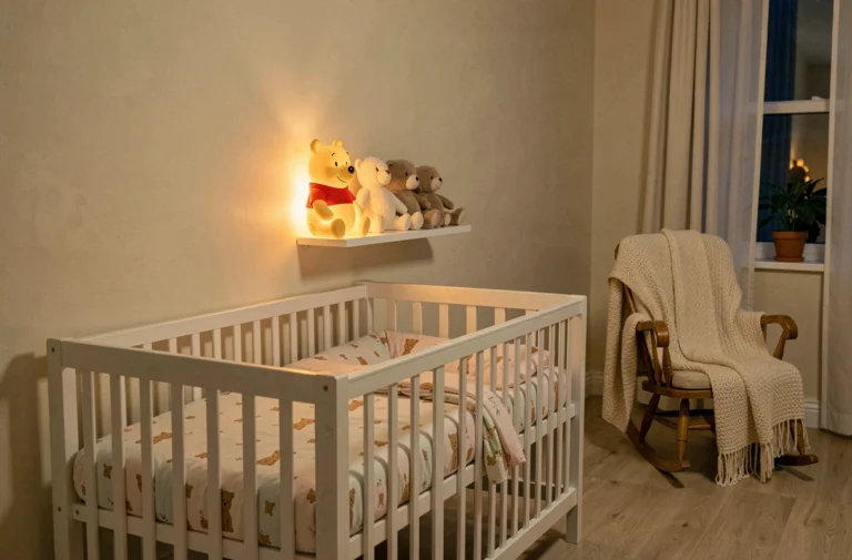 Chambre de bébé cosy avec veilleuse Winnie l'Ourson posée près d'un berceau en bois blanc, ambiance douce et apaisante pour le sommeil du nourrisson
