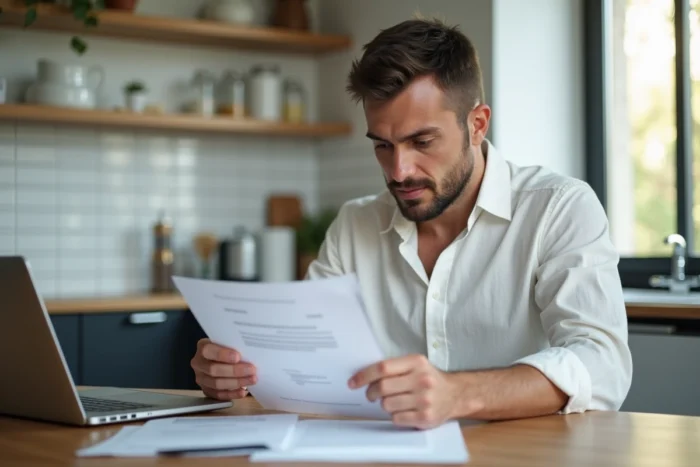 Homme vérifiant les documents administratifs pour la transcription de mariage à son domicile à Nantes