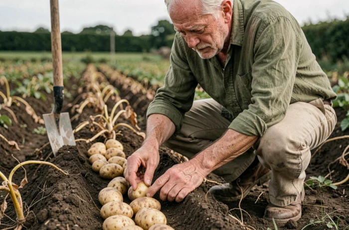 Agriculteur âgé vérifiant la maturité des pommes de terre avec son pouce après une récolte manuelle dans un jardin rural