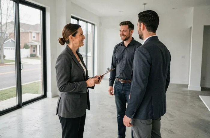 Agent immobilière présentant un appartement moderne à un acheteur potentiel lors d'une visite