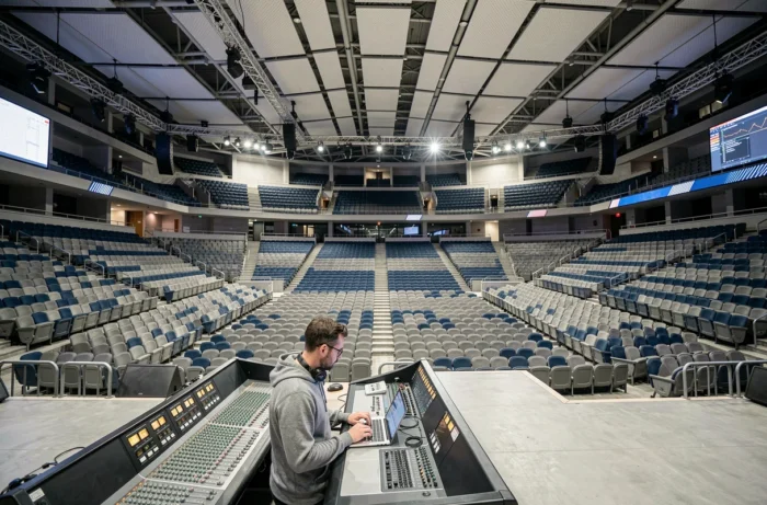 Vue panoramique de l'intérieur vide de Bercy Arena avec un ingénieur du son à la console de mixage au centre